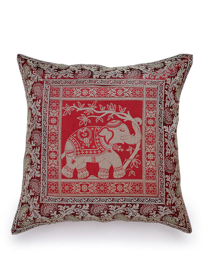 Green & red ethnic motifs brocade square shaped cushion covers, set of 2