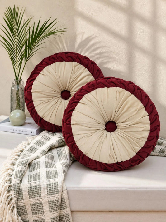 Maroon round floor cushions, set of 2