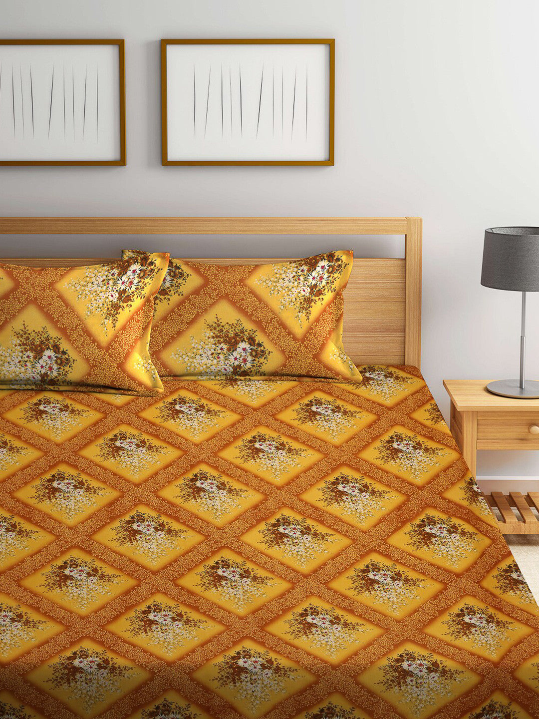 Yellow floral cotton queen bedsheet, yellow & red