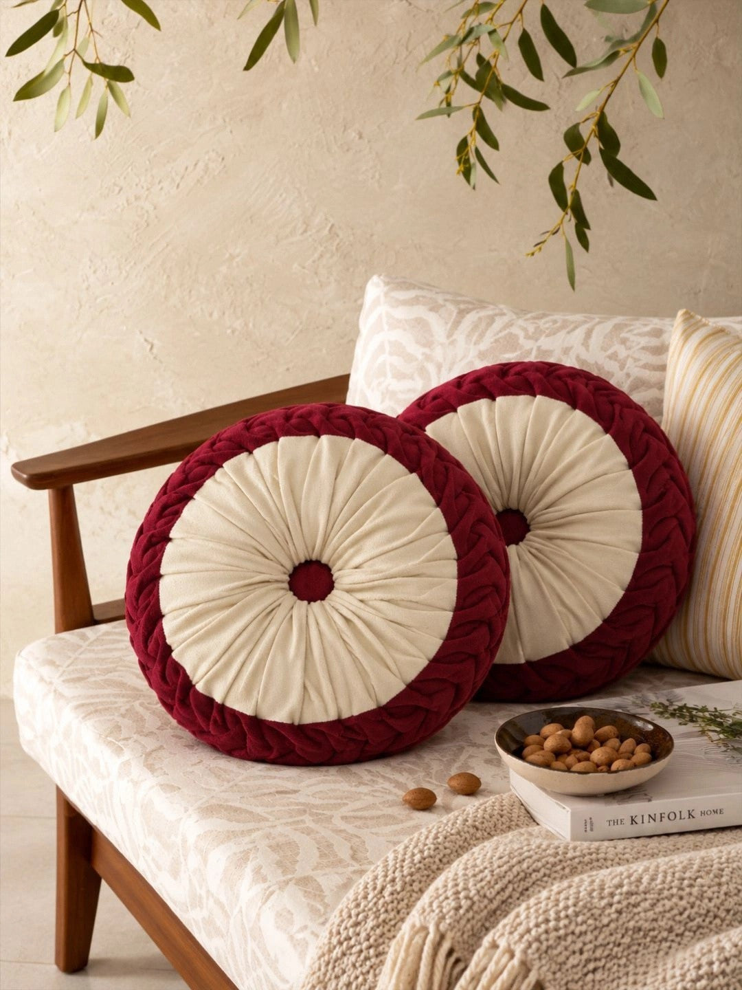 Maroon round floor cushions, set of 2