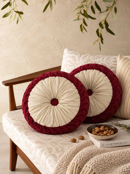 Maroon round floor cushions, set of 2