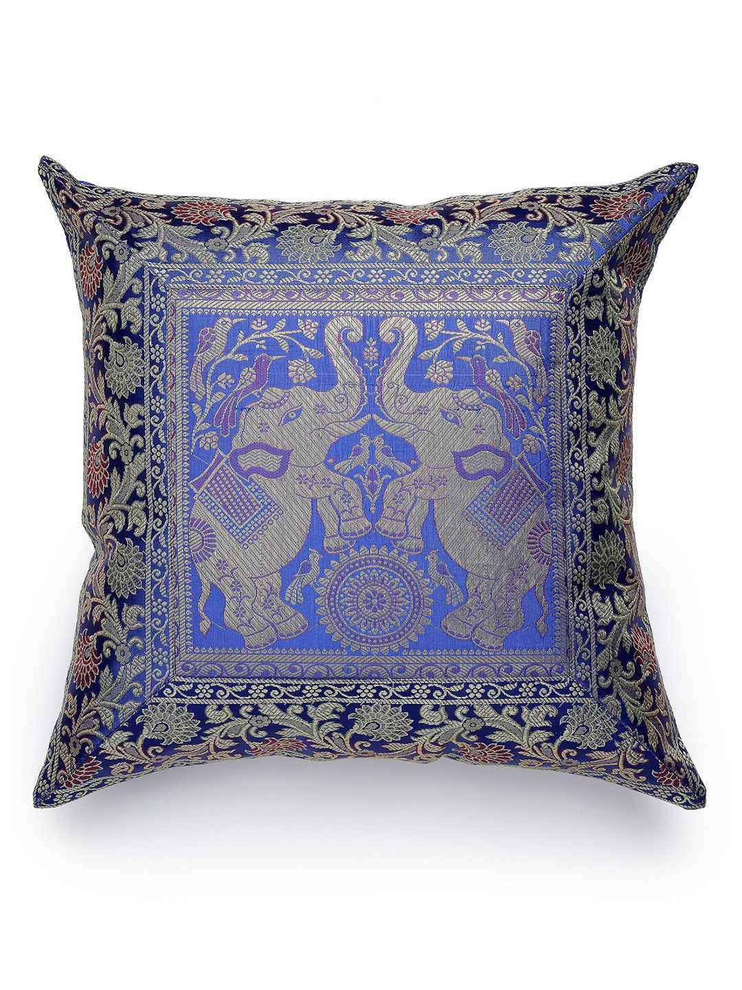 Blue ethnic motifs brocade zari square cushion covers, set of 2, green & blue