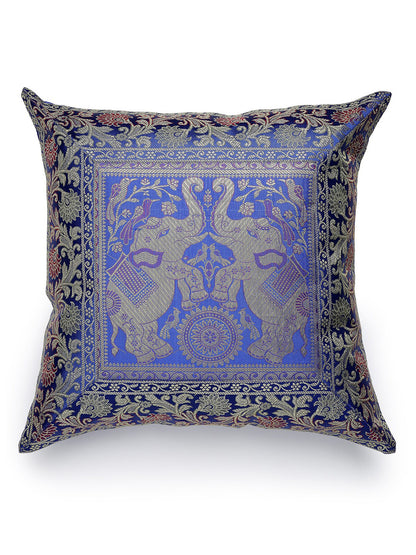 Blue ethnic motifs brocade zari square cushion covers, set of 2, green & blue