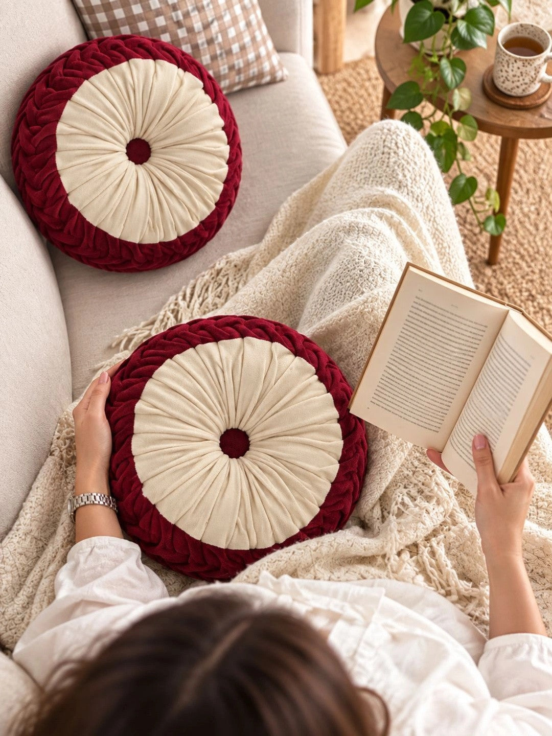 Maroon round floor cushions, set of 2
