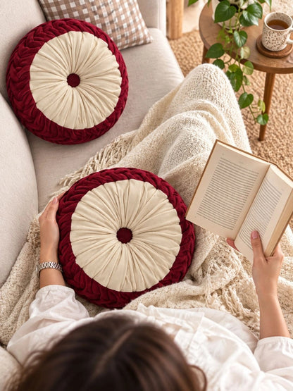 Maroon round floor cushions, set of 2