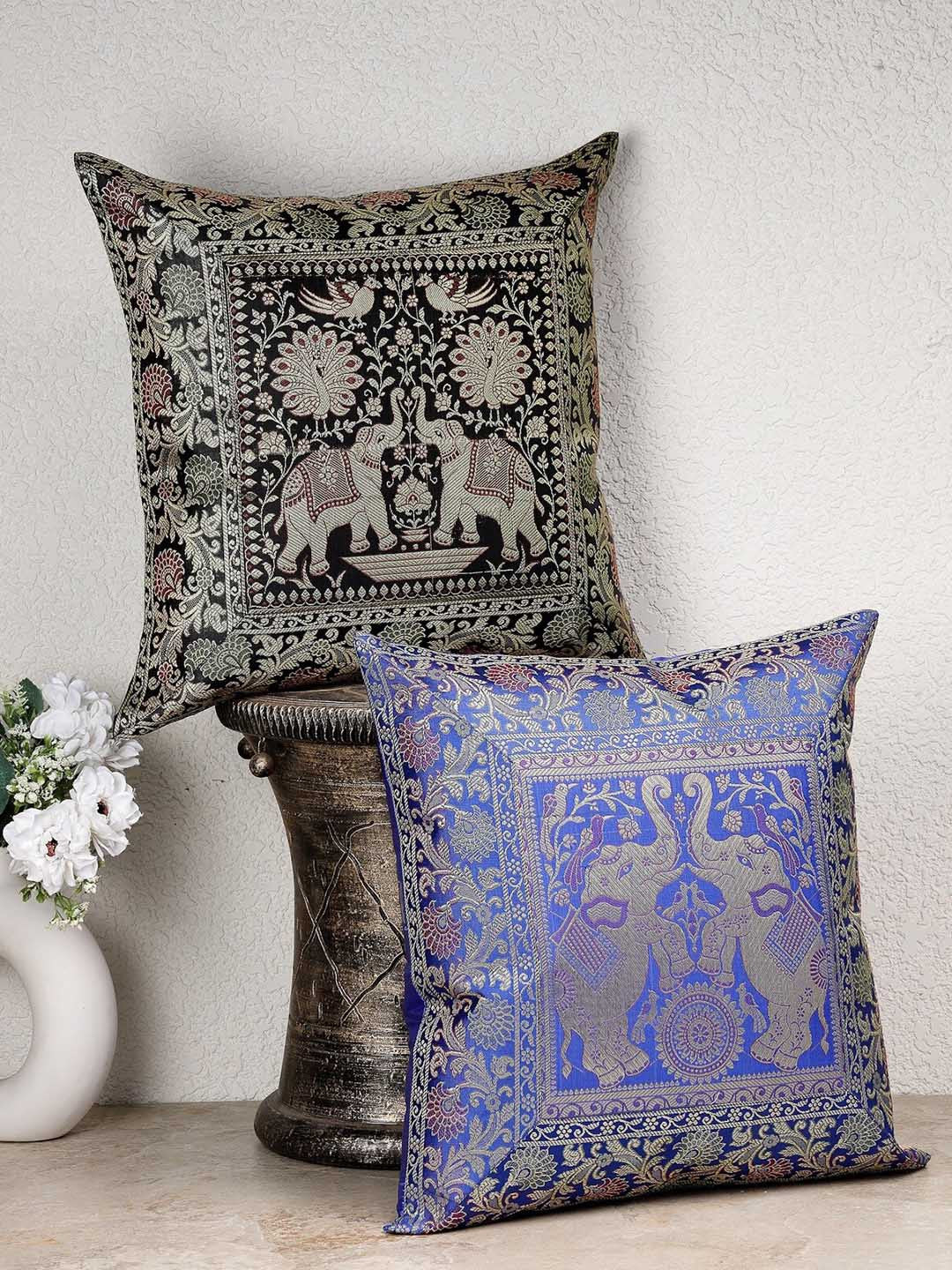 Blue ethnic motifs brocade zari square cushion covers, set of 2, green & blue