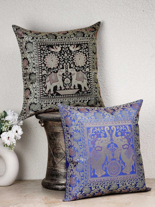 Blue ethnic motifs brocade zari square cushion covers, set of 2, green & blue