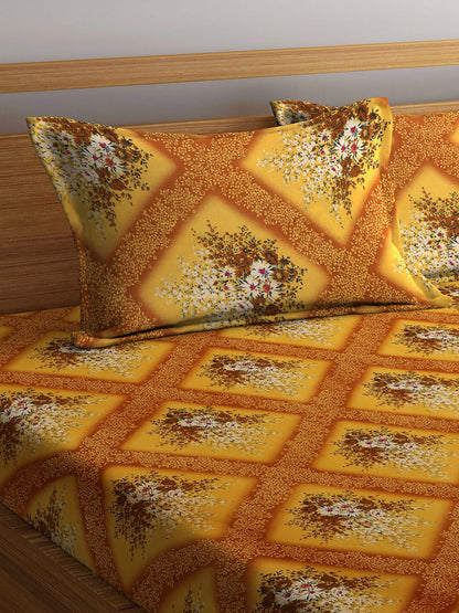 Yellow floral cotton queen bedsheet, yellow & brown