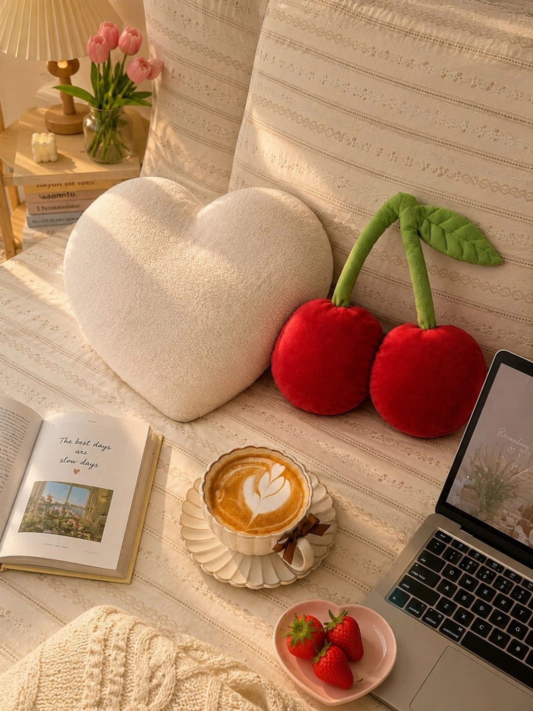 Red & white cotton plush cherry & heart shaped cushion, set of 2