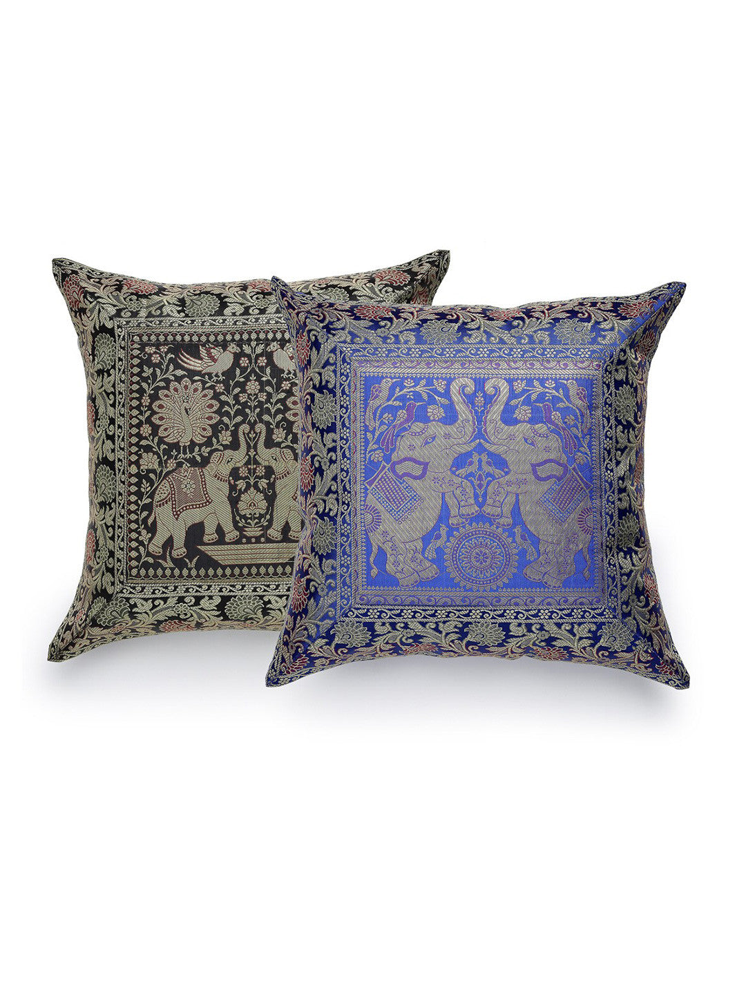 Blue ethnic motifs brocade zari square cushion covers, set of 2, green & blue