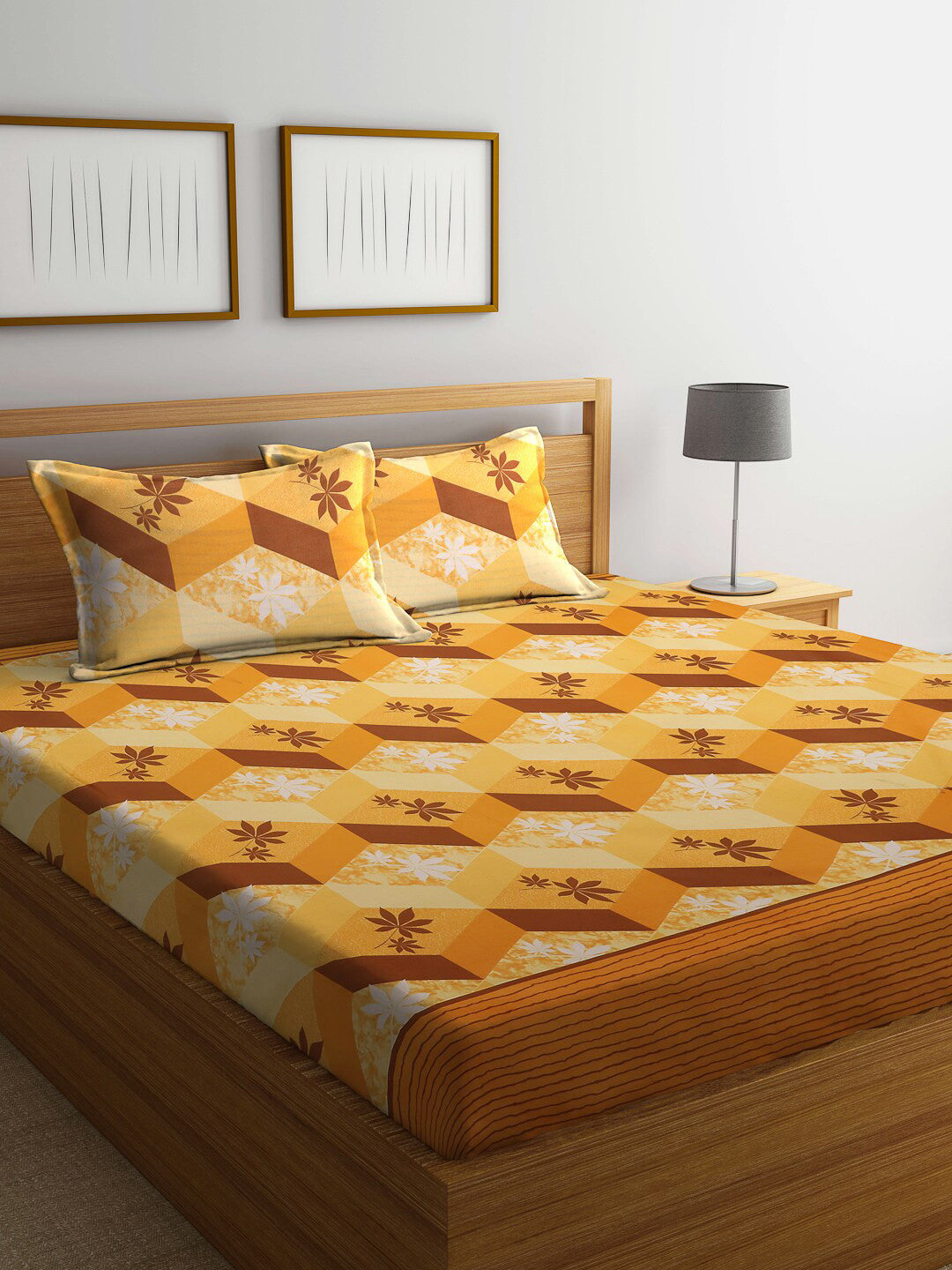 Yellow floral cotton queen bedsheet, yellow & brown & white