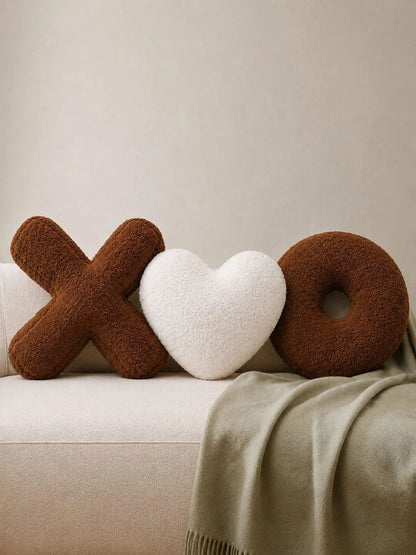 Brown & white cross heart & circle shape cushions, set of 3