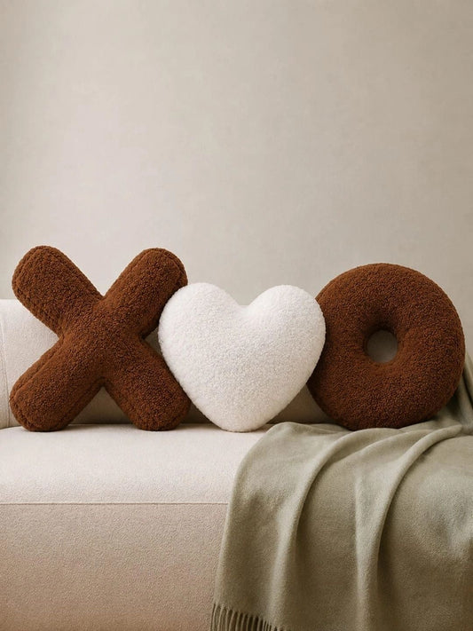 Brown & white cross heart & circle shape cushions, set of 3