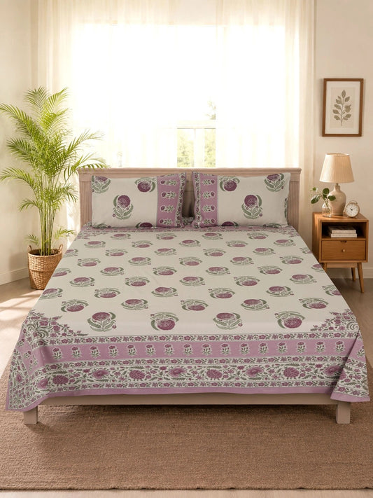 White & purple ethnic motifs king bedsheet