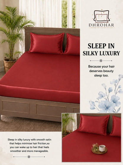 Red solid king size satin bedsheet, maroon
