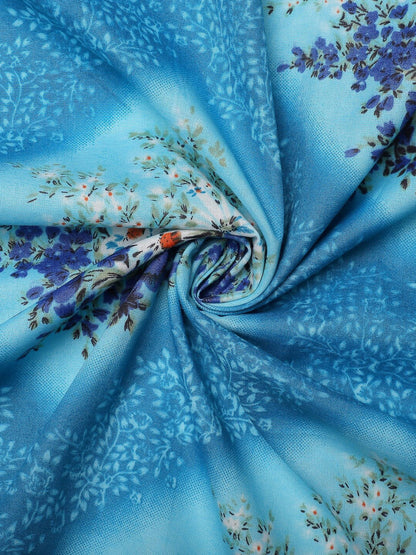 Blue floral cotton queen bedsheet, blue & white