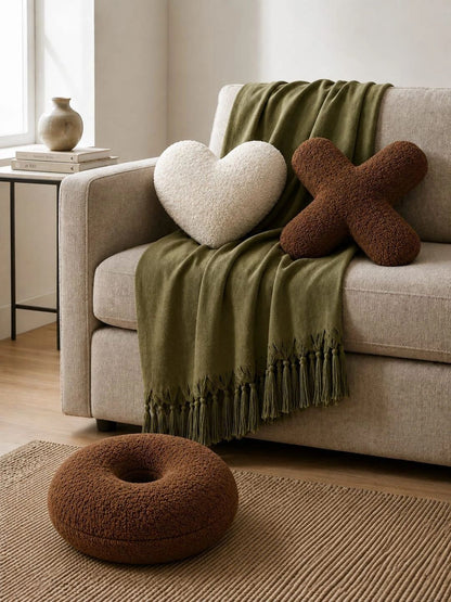 Brown & white cross heart & circle shape cushions, set of 3