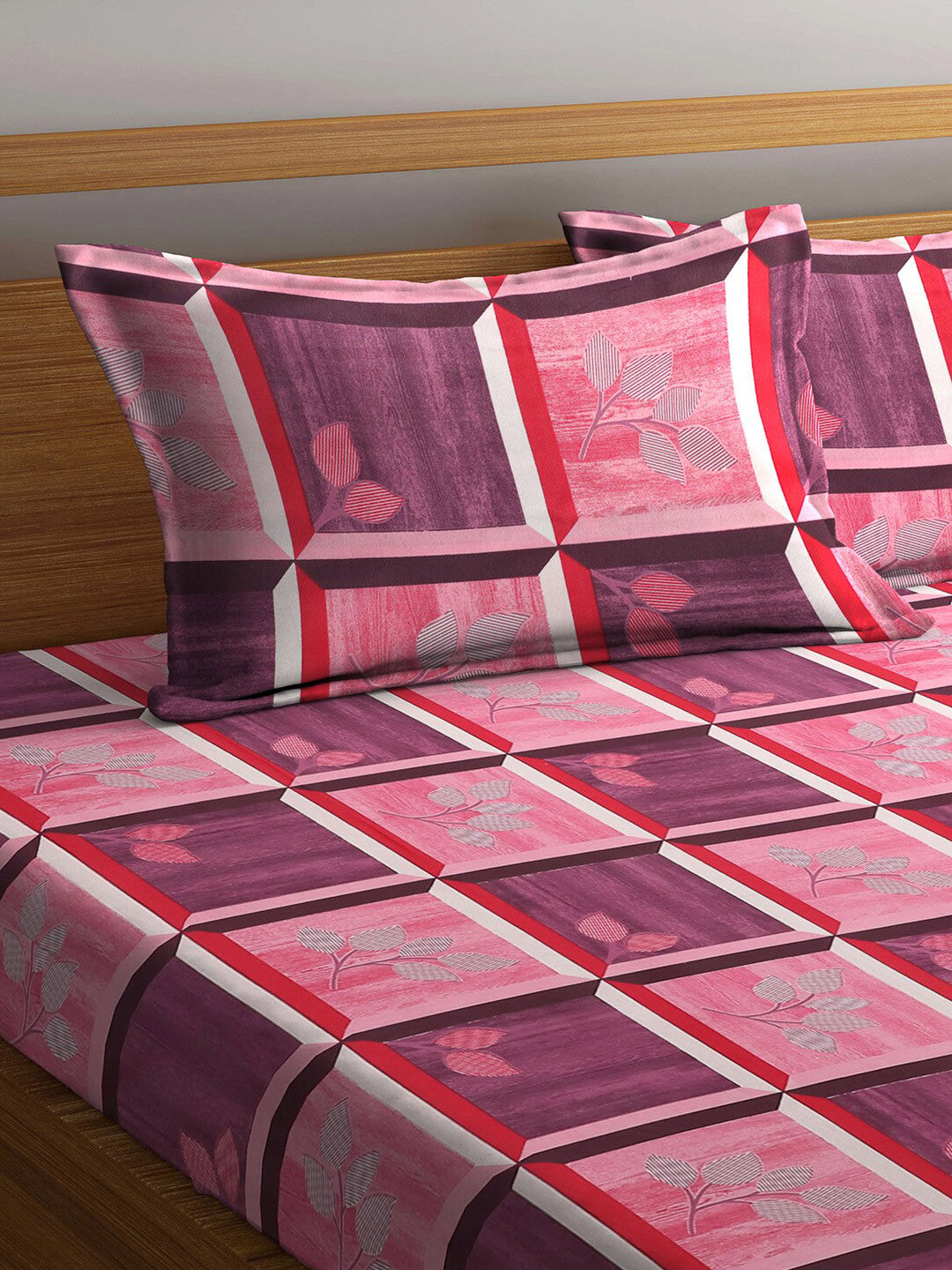 Navy blue leaf cotton queen bedsheet, navy blue & pink