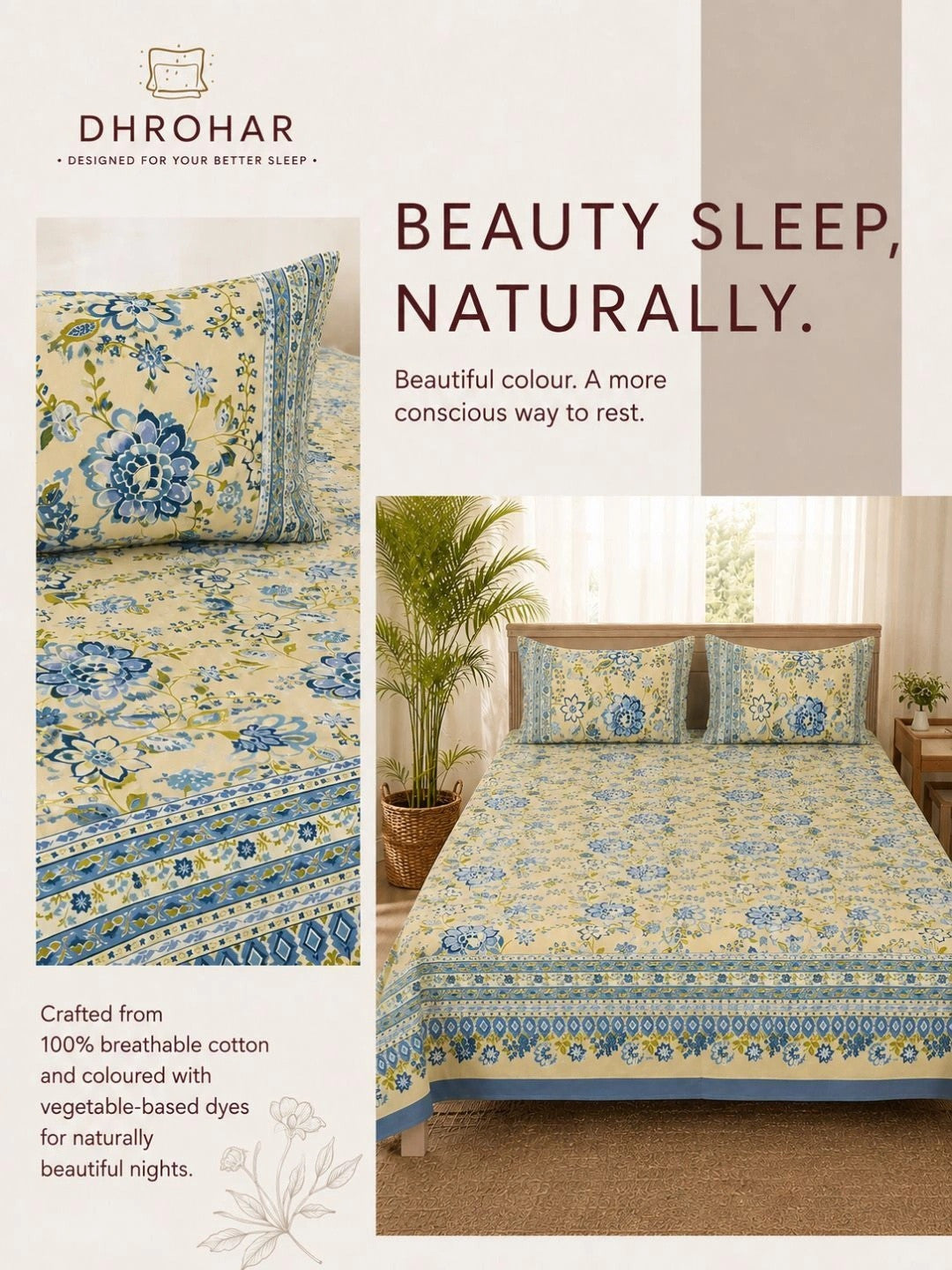 Cream-coloured & multicoloured floral king bedsheet