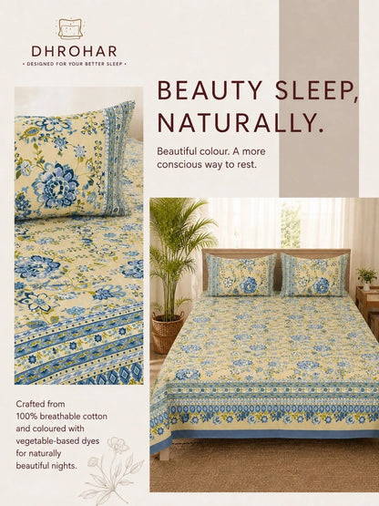 Cream-coloured & multicoloured floral king bedsheet