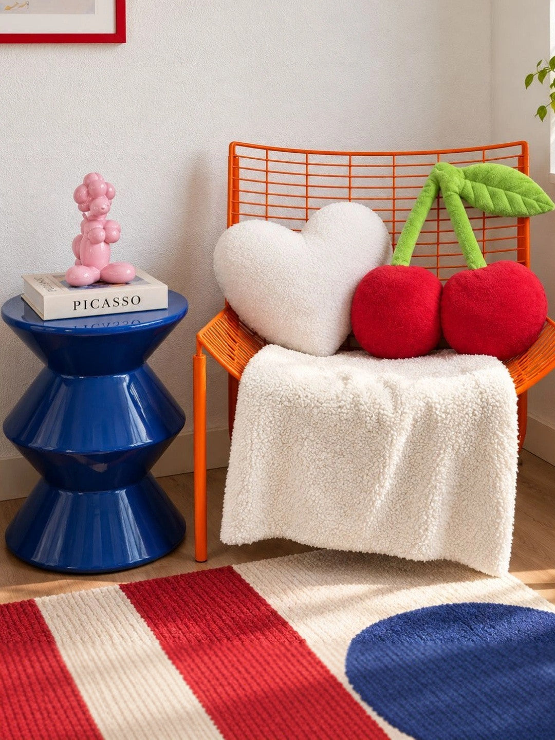 Red & white cotton plush cherry & heart shaped cushion, set of 2