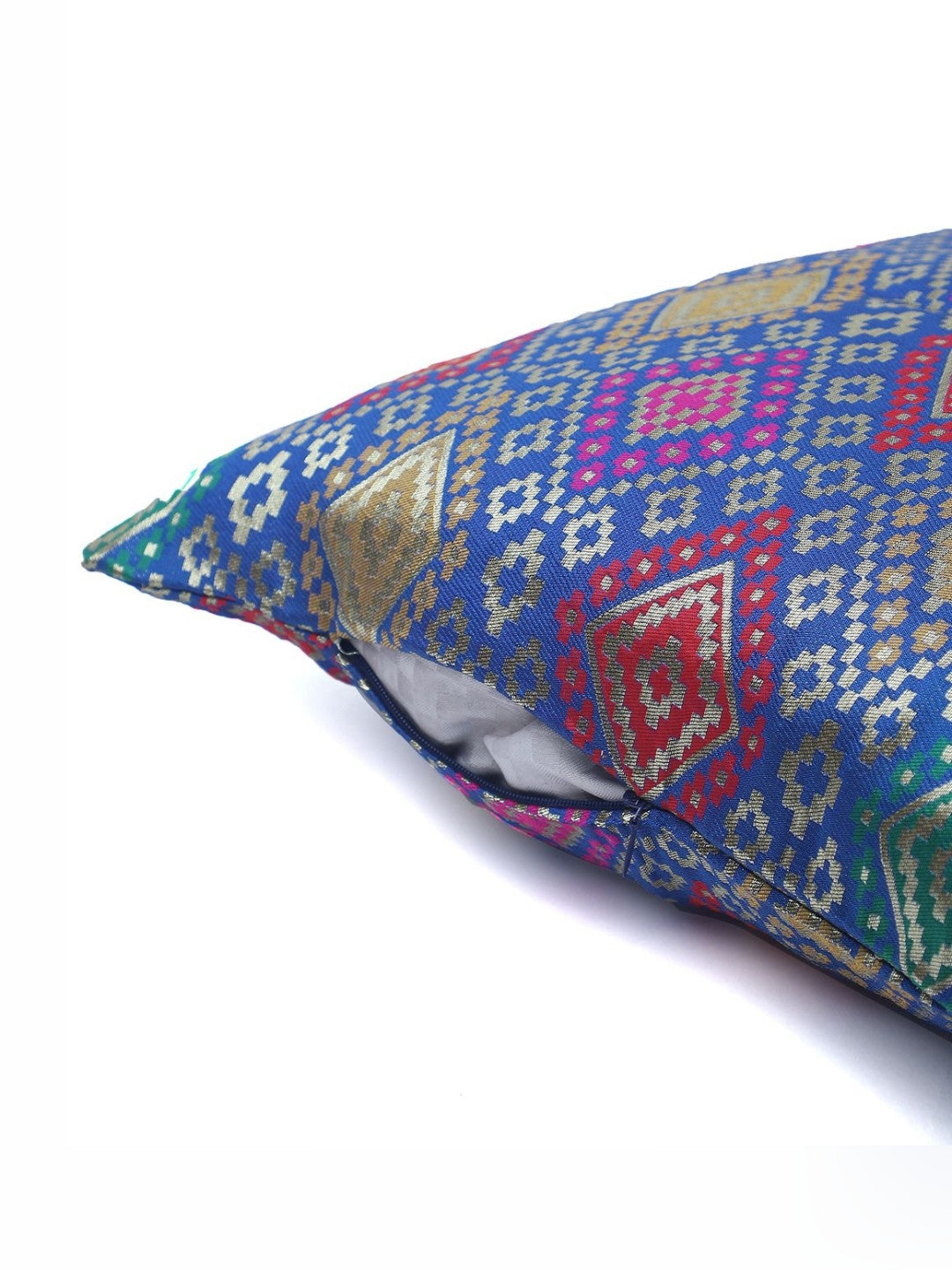 Blue & green geometric pattern silk square cushion covers, set of 4, blue & green & pink