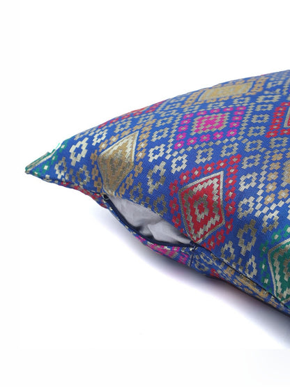 Blue & green geometric pattern silk square cushion covers, set of 4, blue & green & pink