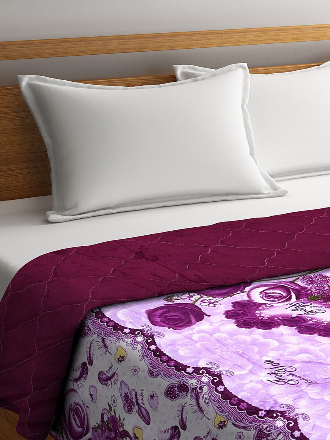 Purple & white floral printed double bed quilt