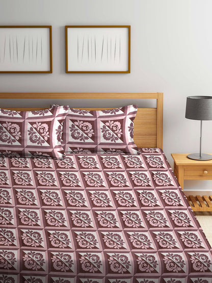 Brown ethnic motifs cotton queen bedsheet, brown & white