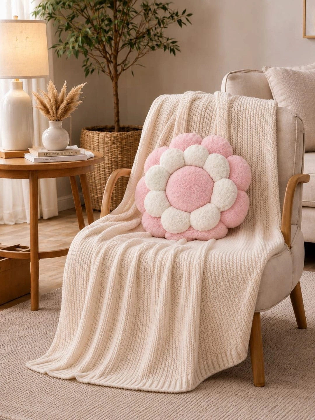 Pink & white cotton round floor cushions