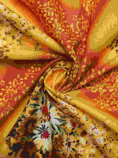 Yellow floral cotton queen bedsheet, yellow & brown