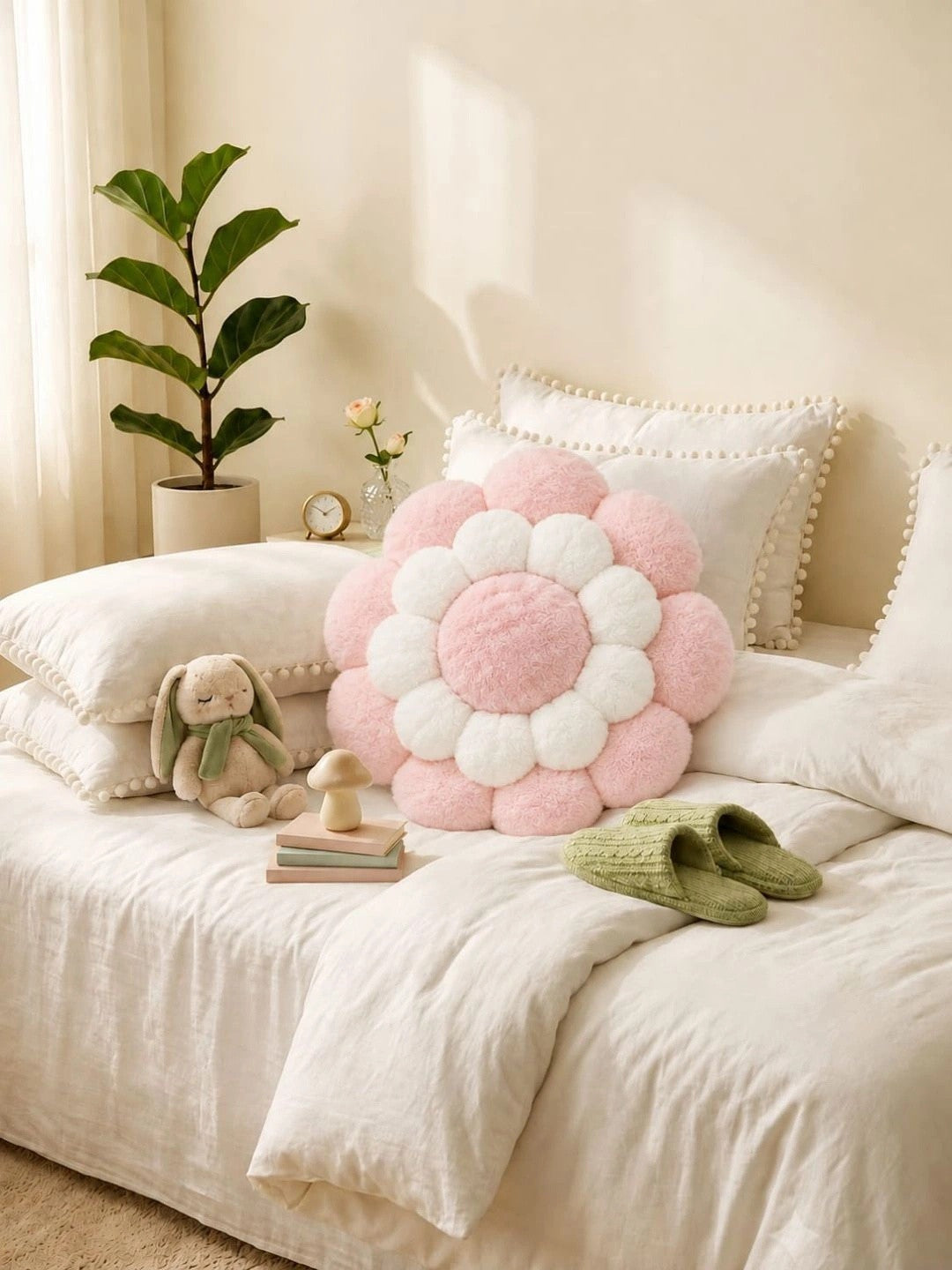 Pink & white cotton round floor cushions
