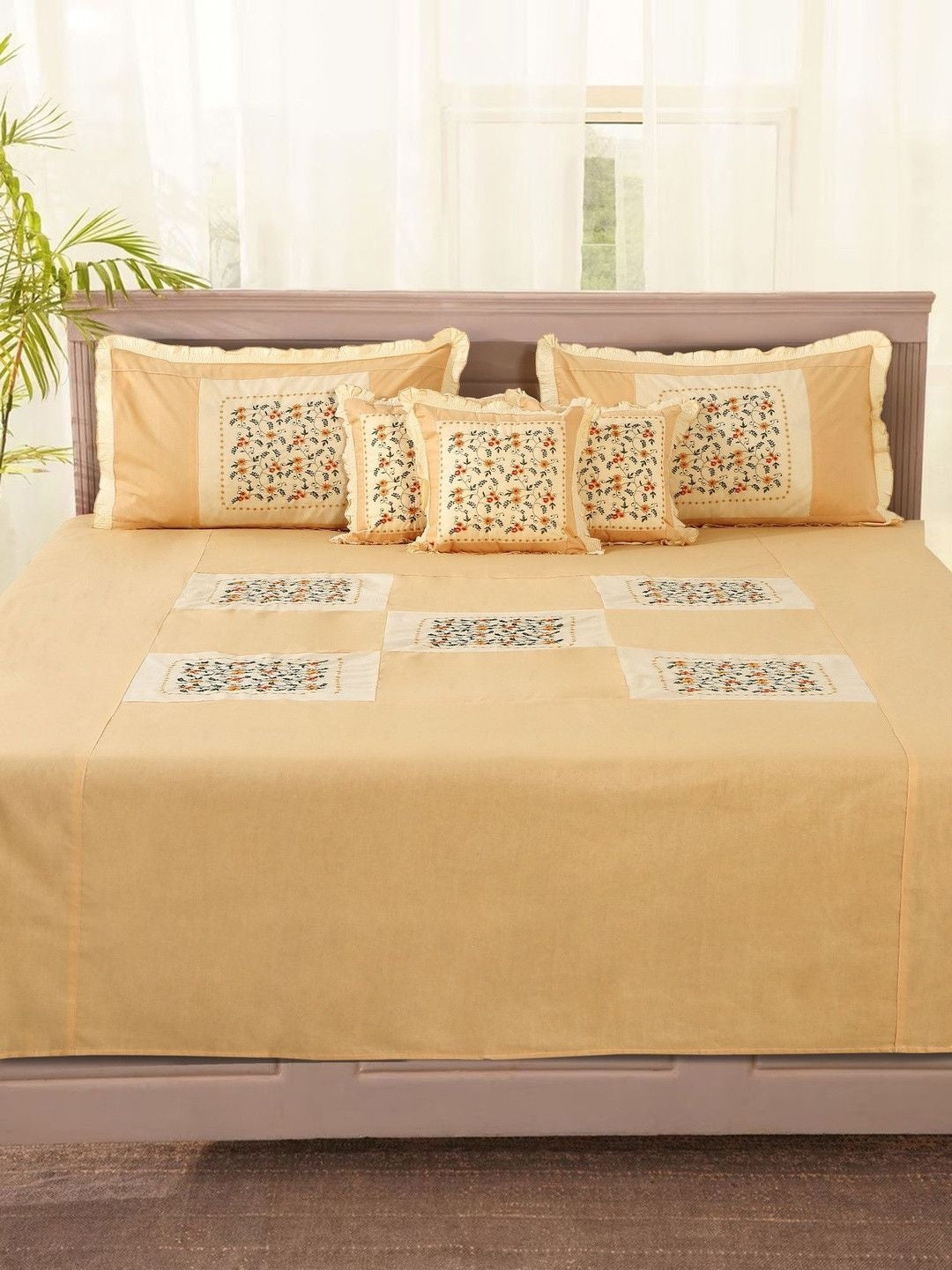 Beige floral printed cotton king bedsheet set