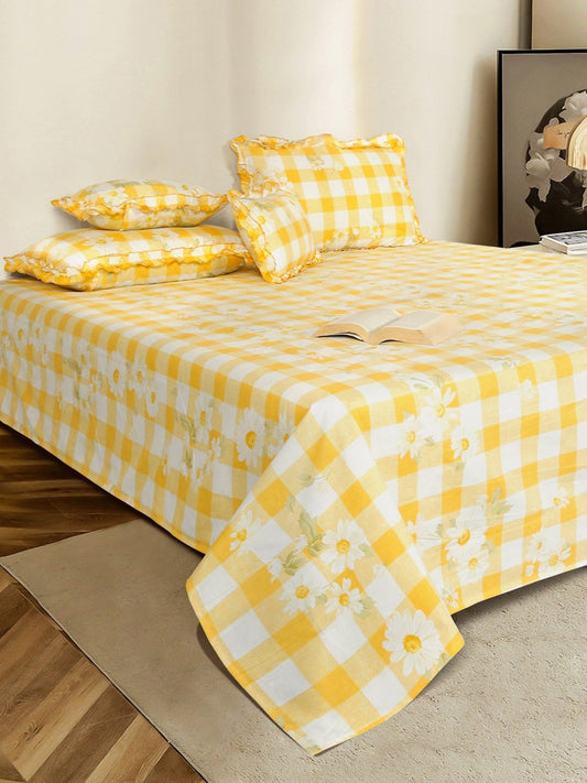 Gingham floral bedsheet set, yellow & white