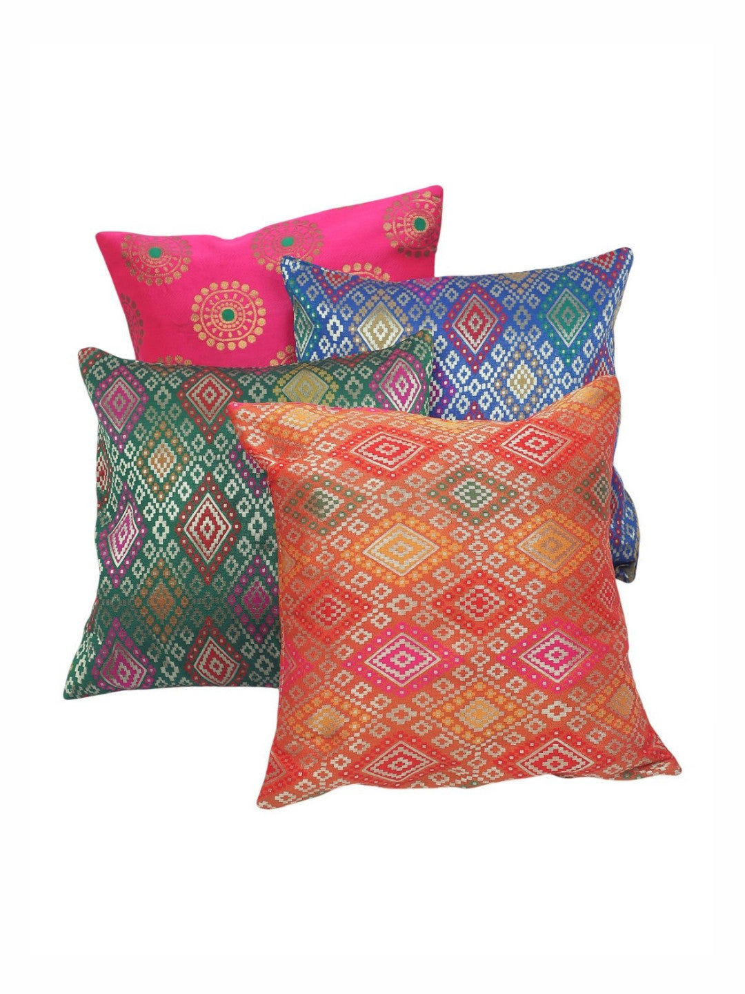 Blue & green geometric pattern silk square cushion covers, set of 4, blue & green & pink