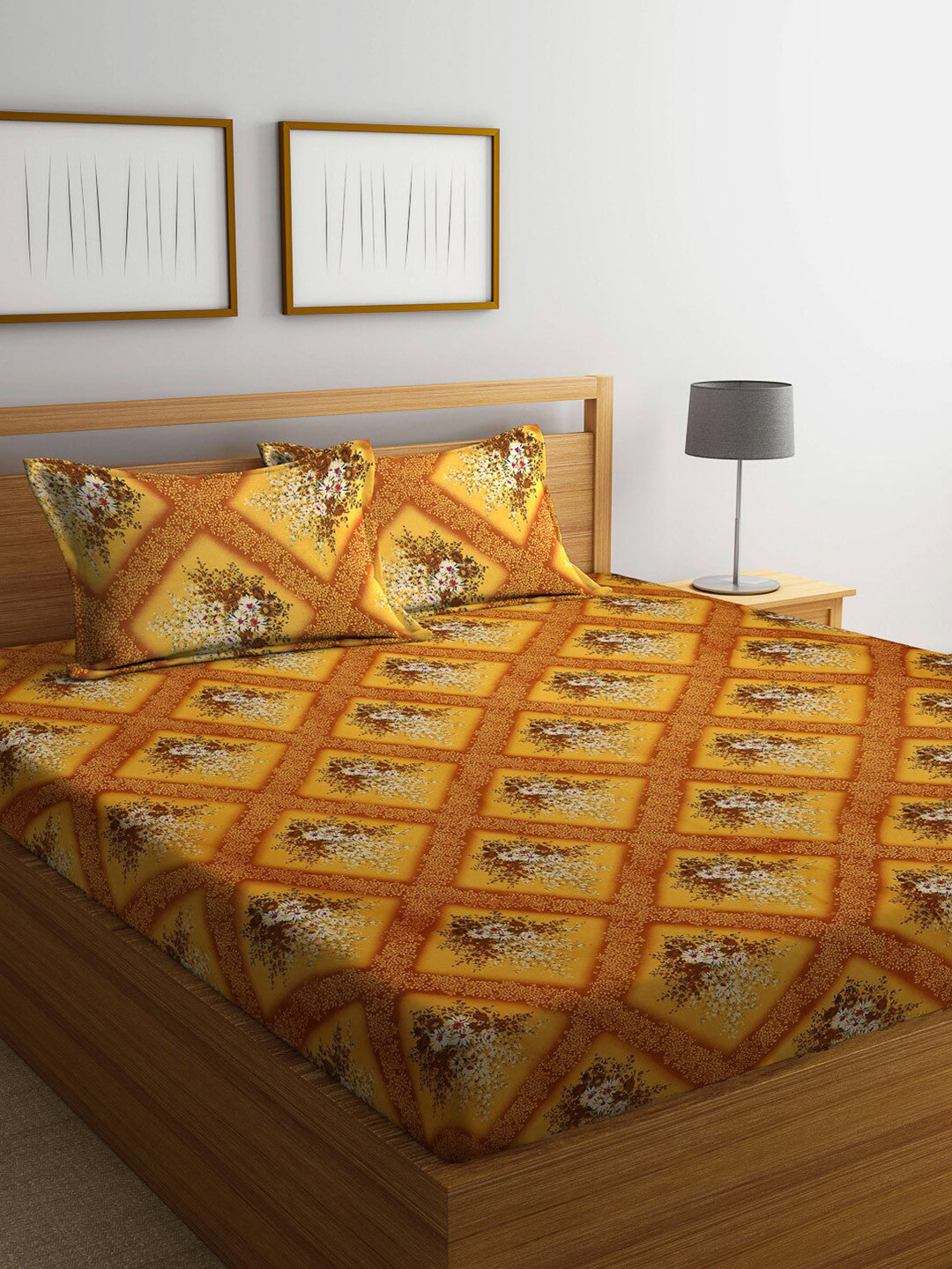 Yellow floral cotton queen bedsheet, yellow & brown