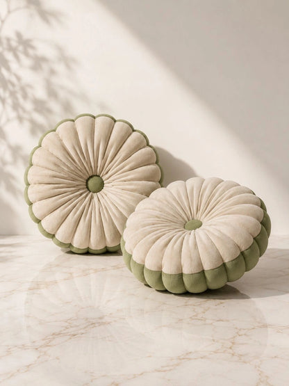 Pleated round cushions, set of 2, beige