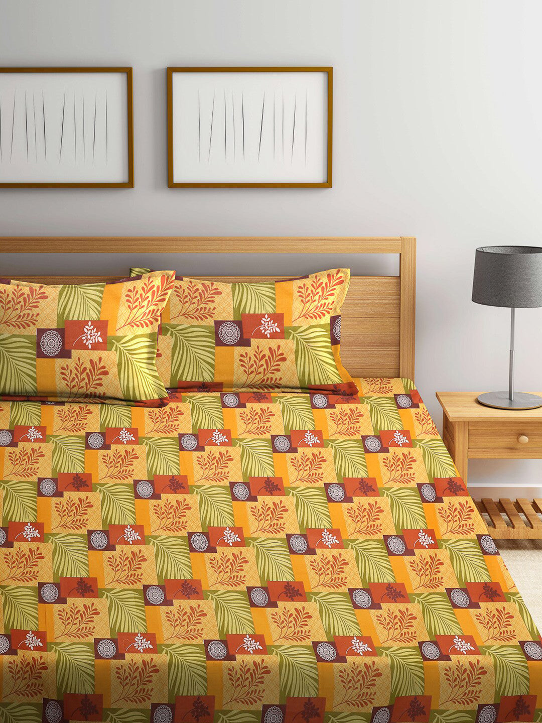 Yellow leaf cotton queen bedsheet, yellow & brown