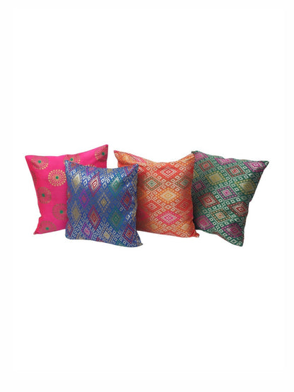 Blue & green geometric pattern silk square cushion covers, set of 4, blue & green & pink