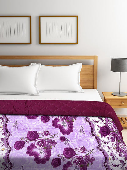 Purple & white floral printed double bed quilt