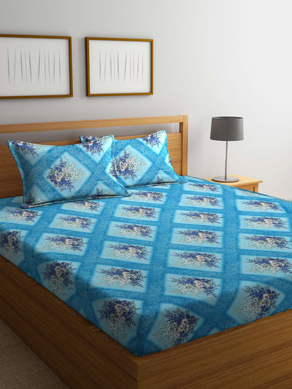 Blue floral cotton queen bedsheet, blue & white