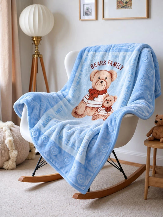 Blue & beige cartoon characters fleece mild winter blanket