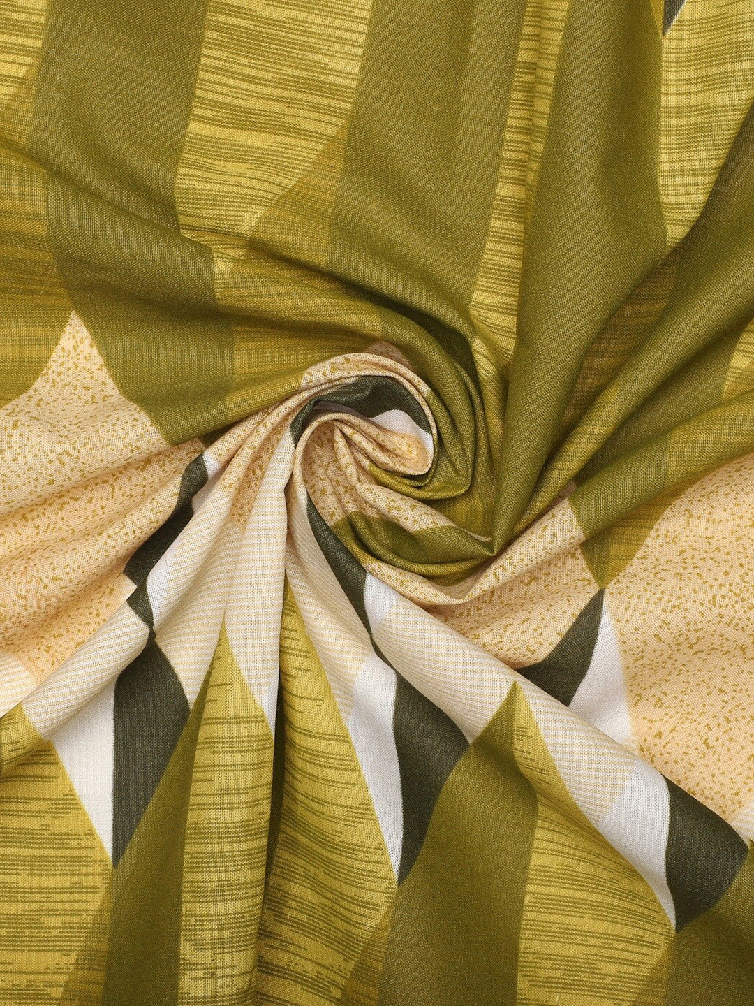 Green geometric cotton queen bedsheet, green & white