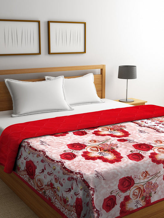 Red & white floral microfiber mild winter double bed quilt