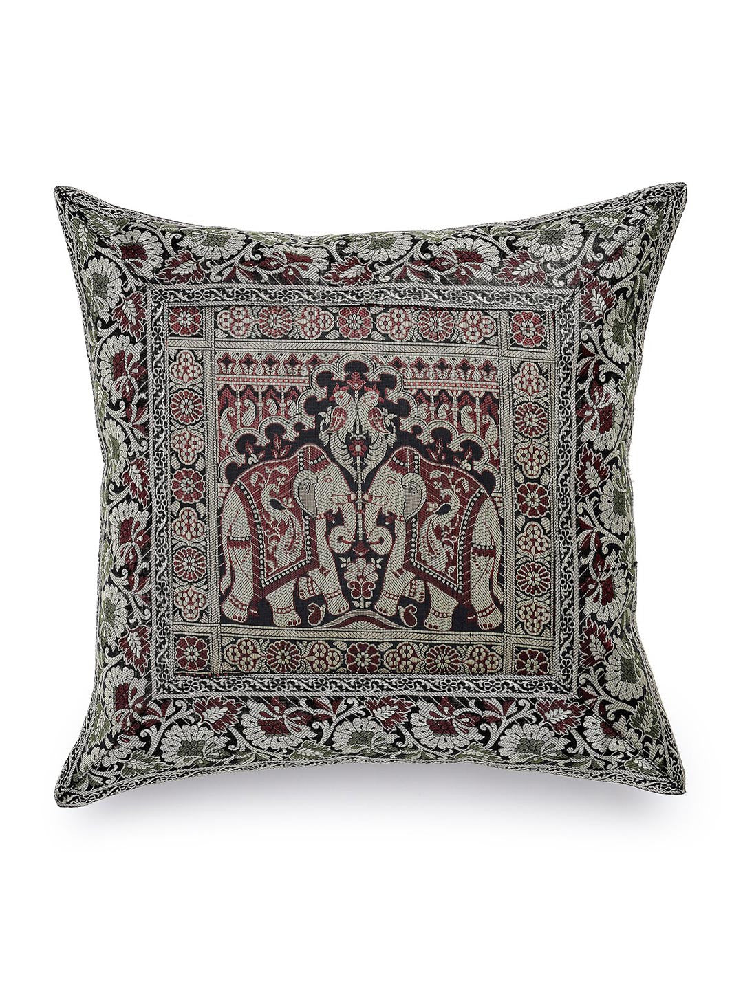 Green & red ethnic motifs brocade square shaped cushion covers, set of 2