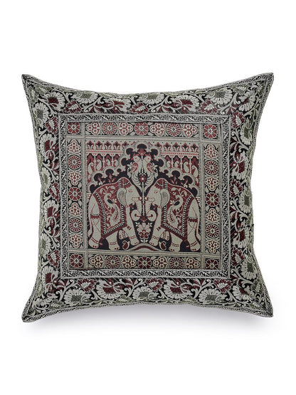Green & red ethnic motifs brocade square shaped cushion covers, set of 2