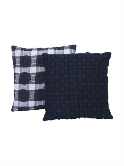 Black checked cotton blend textured square cushion covers, set of 2, black & white