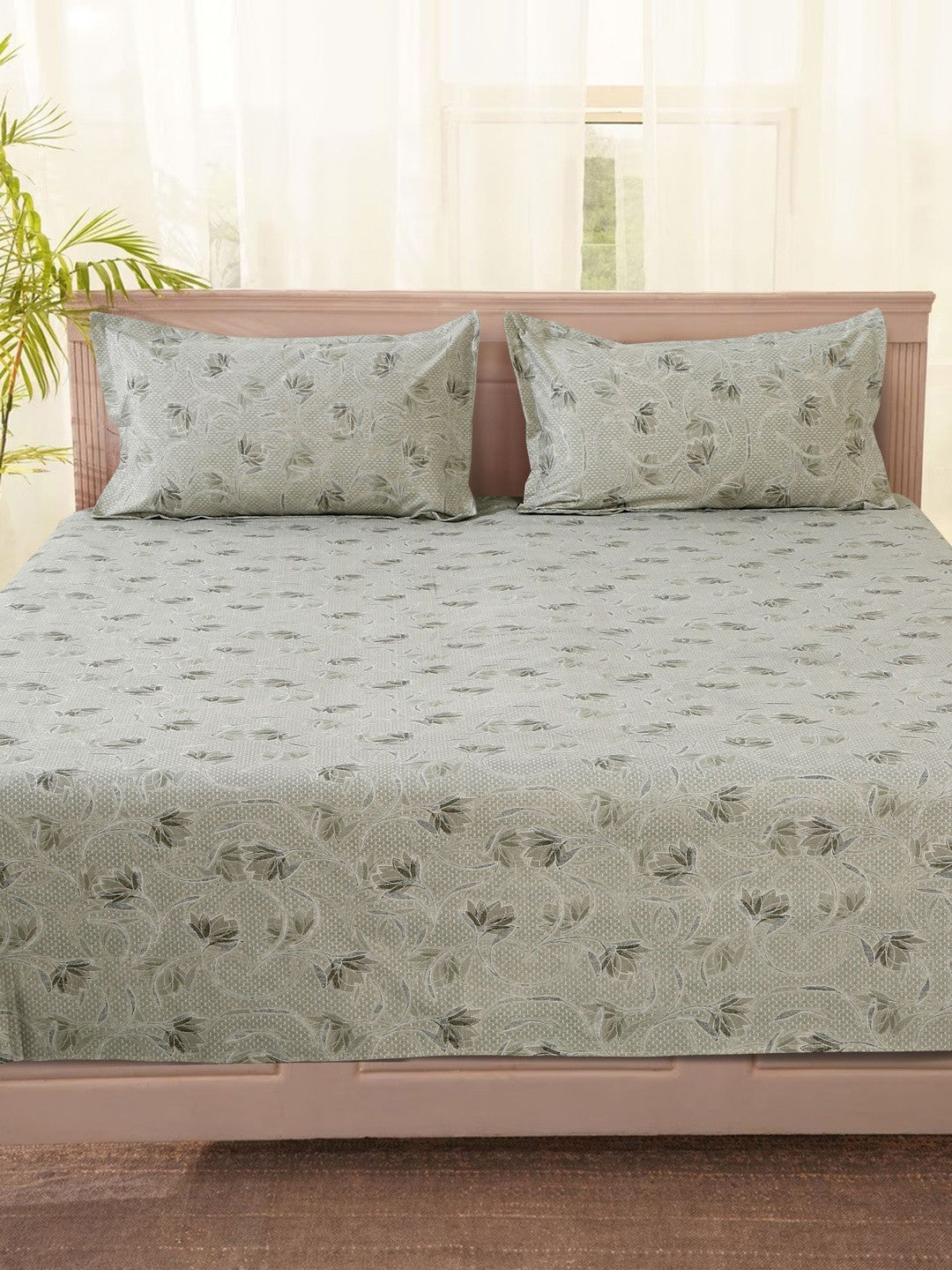 Grey & beige floral queen bedsheet