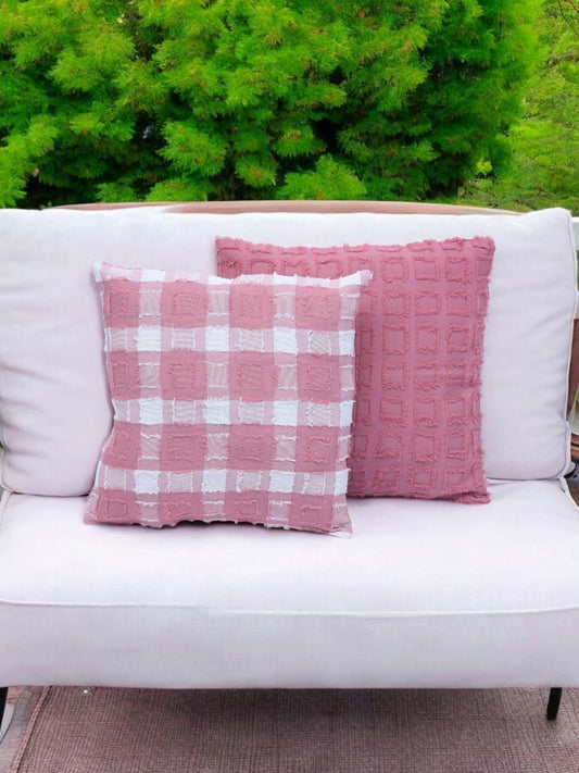 Pink checked polyester silk square cushion covers, set of 2, pink & white