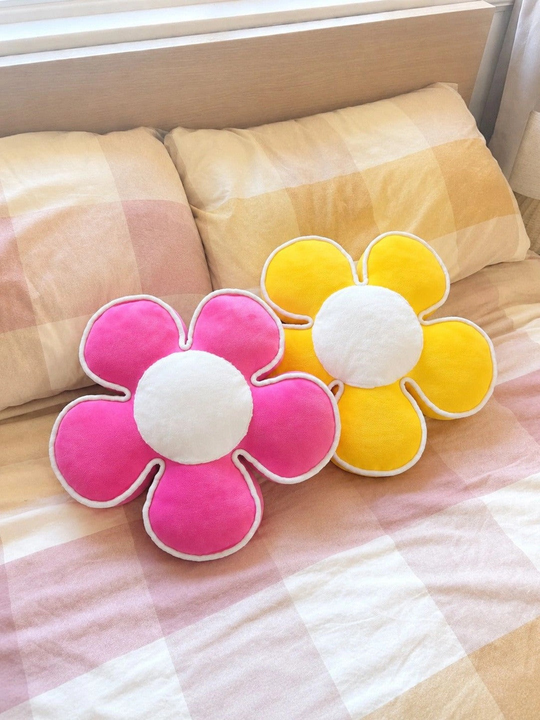 Pink & yellow cotton round cushions, set of 2